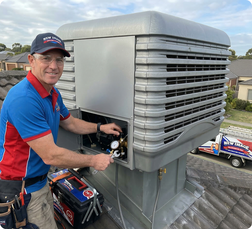 New Image Heating & Cooling technician servicing an evaporative cooling unit on a Melbourne rooftop